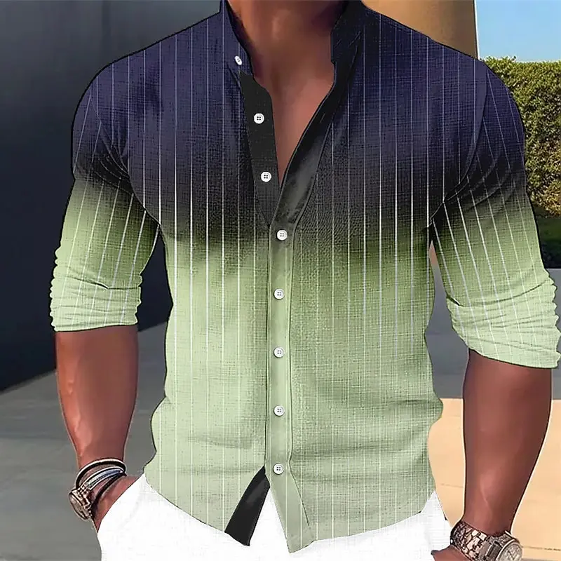 Men's shirt with gradient stripe pattern printed stand up collar, pink, blue, green, khaki, gray, outdoor street long sleeved ca
Men's shirt with gradient stripe pattern printed stand up collar, pink, blue, green, khaki, gray, outdoor street long sleeved ca