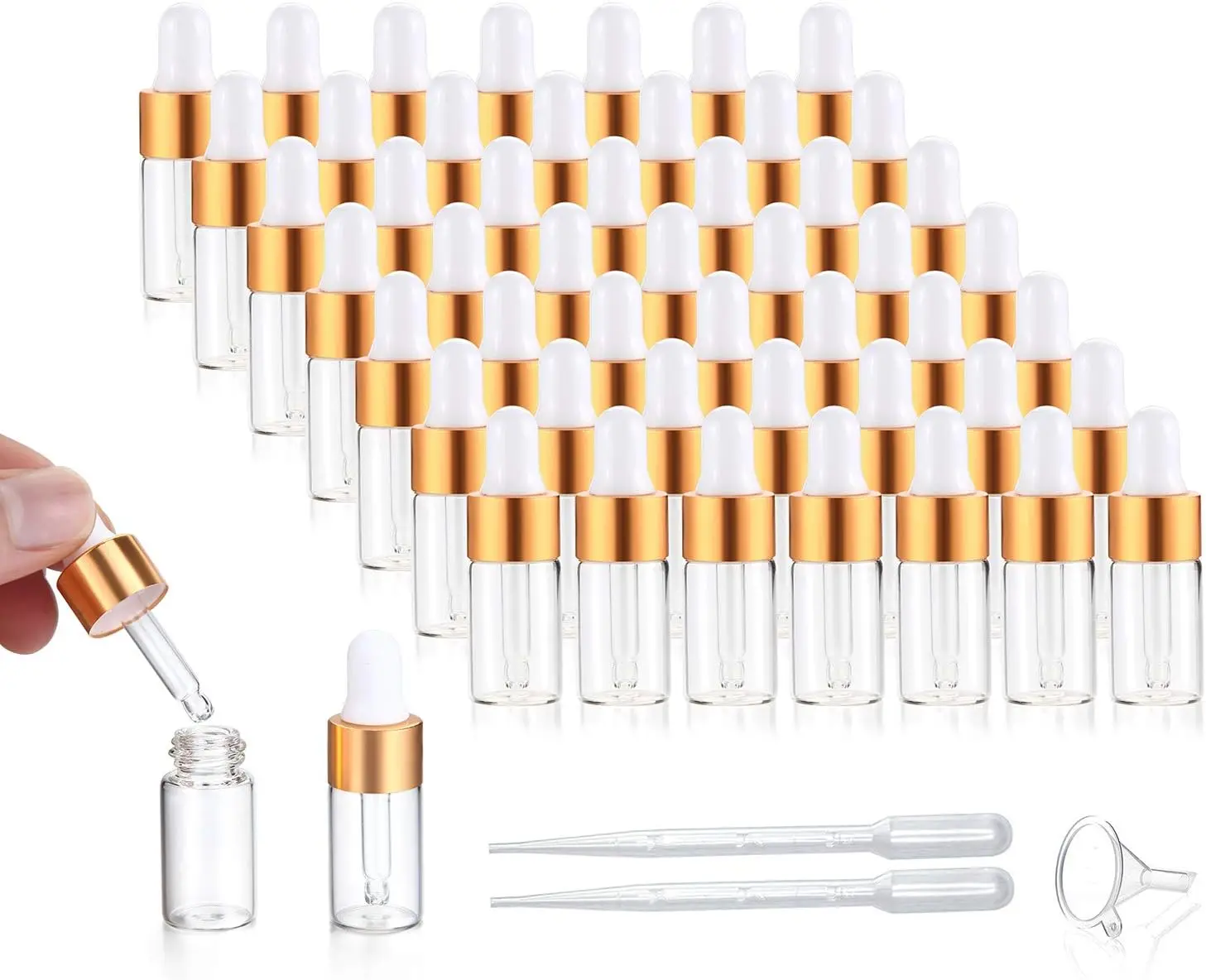 50 Pack 3ml Clear Glass Dropper Vials with Golden Lids, Includes Pipette & Funnel for Essential Oils and Travel
50 Pack 3ml Clear Glass Dropper Vials with Golden Lids, Includes Pipette & Funnel for Essential Oils and Travel