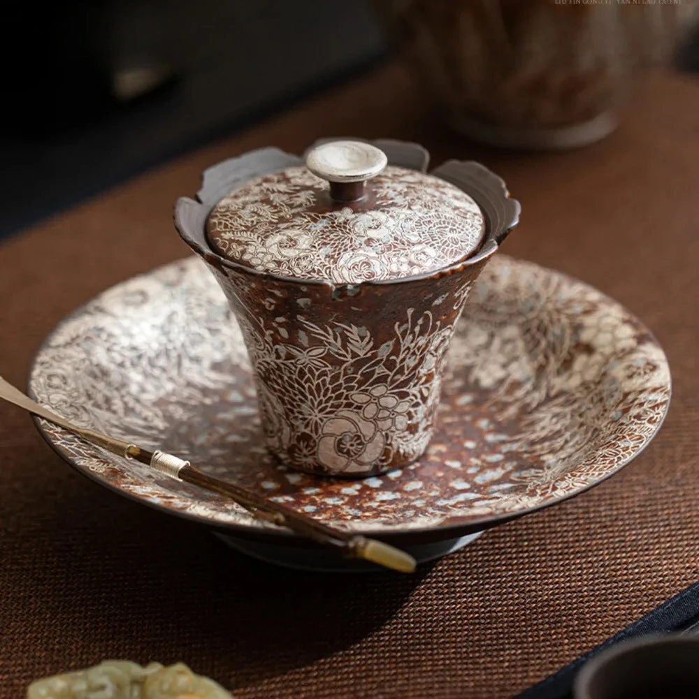 150ml Retro Gilded Silver Flower Mouth Gaiwan Zen Coarse Pottery Tea Tureen Household Tea Maker Cover Bowl Chinese Tea Set Gift
150ml Retro Gilded Silver Flower Mouth Gaiwan Zen Coarse Pottery Tea Tureen Household Tea Maker Cover Bowl Chinese Tea Set Gift