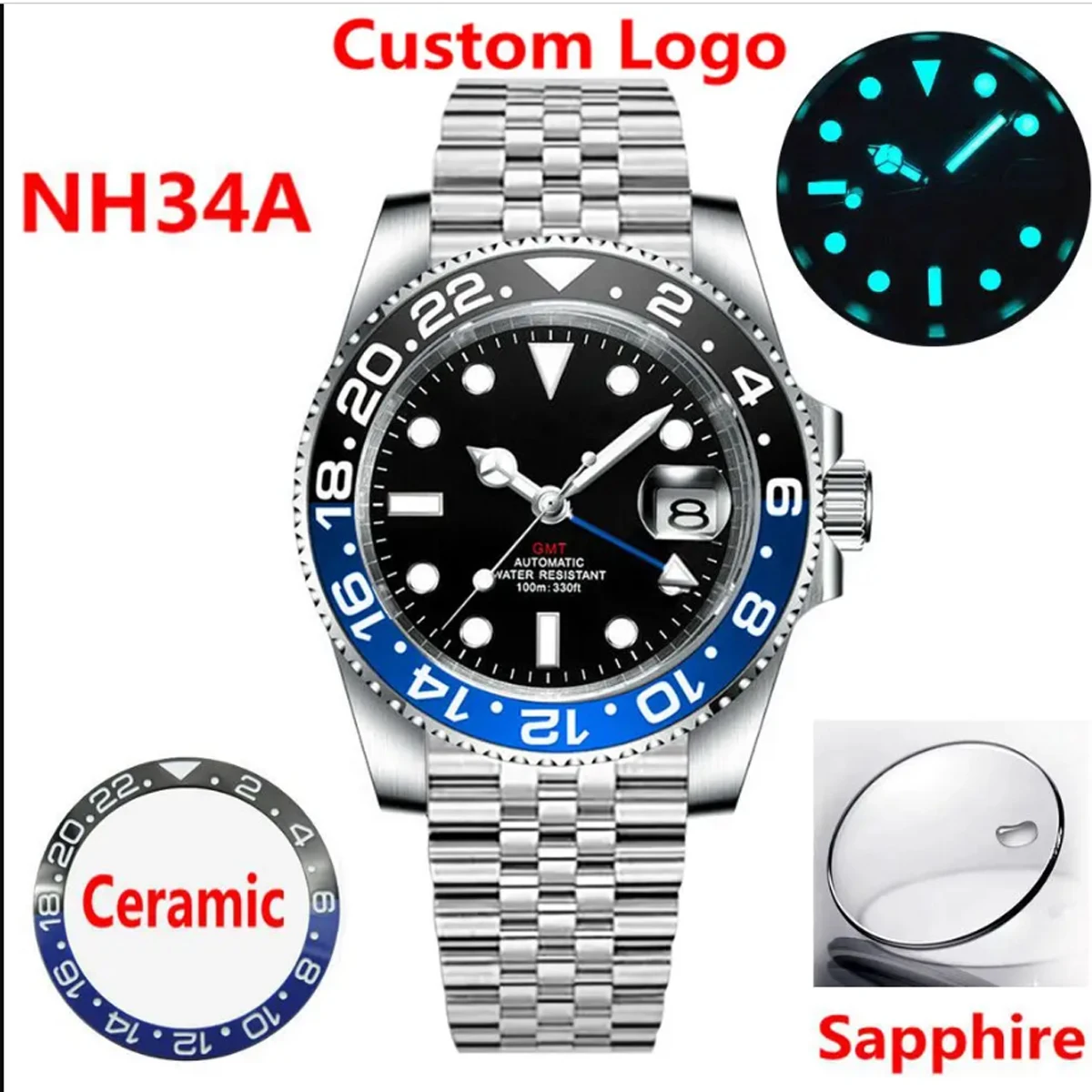 NH34 GMT Watches 40mm Ceramic Bezel Men's Mechanical Automatic Watch Sapphire Glass Luxury Brand 100M Waterproof Business Clock
NH34 GMT Watches 40mm Ceramic Bezel Men's Mechanical Automatic Watch Sapphire Glass Luxury Brand 100M Waterproof Business Clock