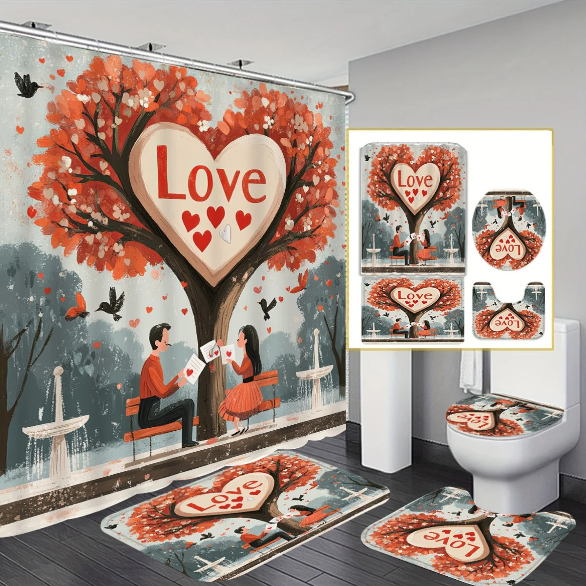 Набор для ванной комнаты Romantic Love Tree: водонепроницаемая занавеска для душа, мягкий контурный коврик, стильная крышка унитаза, нескользящий коврик для ванны
Набор для ванной комнаты Romantic Love Tree: водонепроницаемая занавеска для душа, мягкий контурный коврик, стильная крышка унитаза, нескользящий коврик для ванны