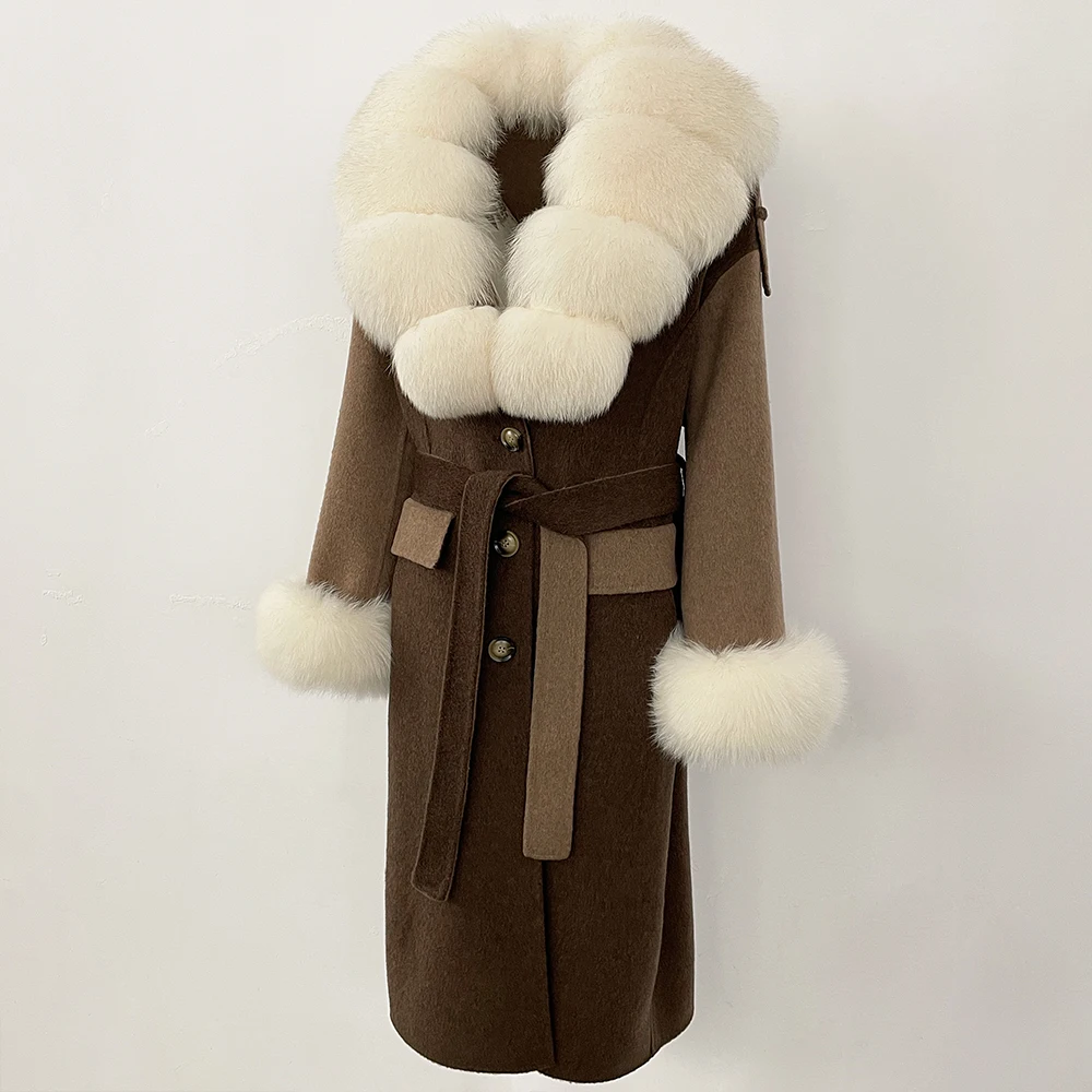 Elegant Woolen Jacket Large Real Fox Fur Hooded Women's Long Belt Lace Up Wool Blend Coat Autumn Winter Cashmere Streetwear
Elegant Woolen Jacket Large Real Fox Fur Hooded Women's Long Belt Lace Up Wool Blend Coat Autumn Winter Cashmere Streetwear