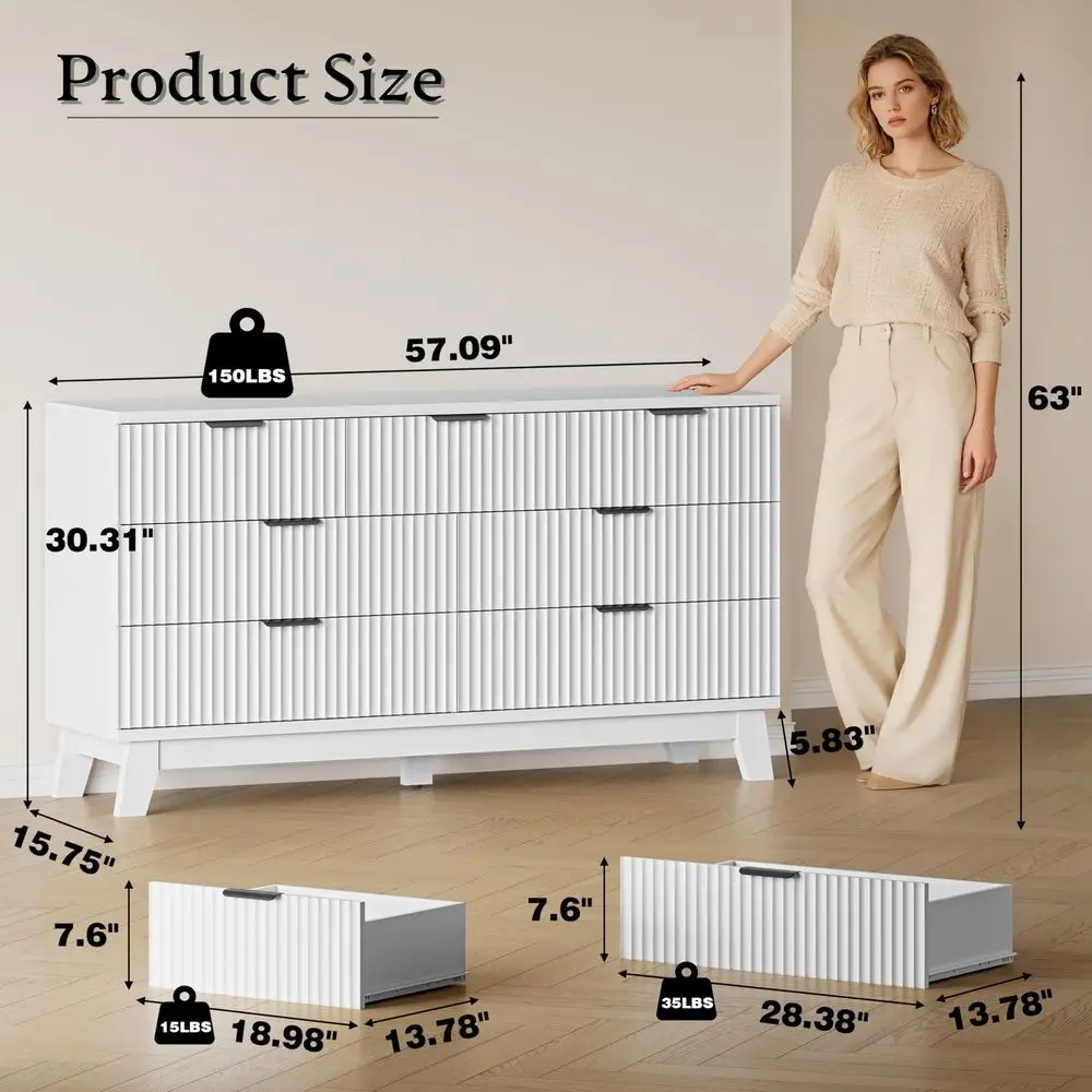 57 Long Dresser for Bedroom, 7Drawer Fluted Chest, Wide Wood Storage Dresser with Metal Slides and Handles, Stable Base, Modern
57 Long Dresser for Bedroom, 7Drawer Fluted Chest, Wide Wood Storage Dresser with Metal Slides and Handles, Stable Base, Modern
