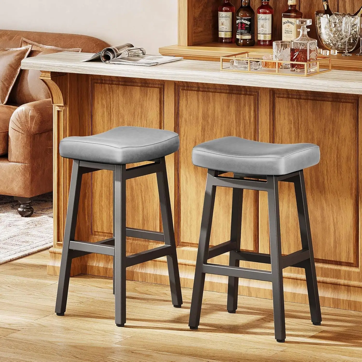 29 Inches Bar Stools Set of 2, Bar Height Barstools for Home Counter, Blackless Barstool with Bonded Leather Saddle Seats & H
29 Inches Bar Stools Set of 2, Bar Height Barstools for Home Counter, Blackless Barstool with Bonded Leather Saddle Seats & H