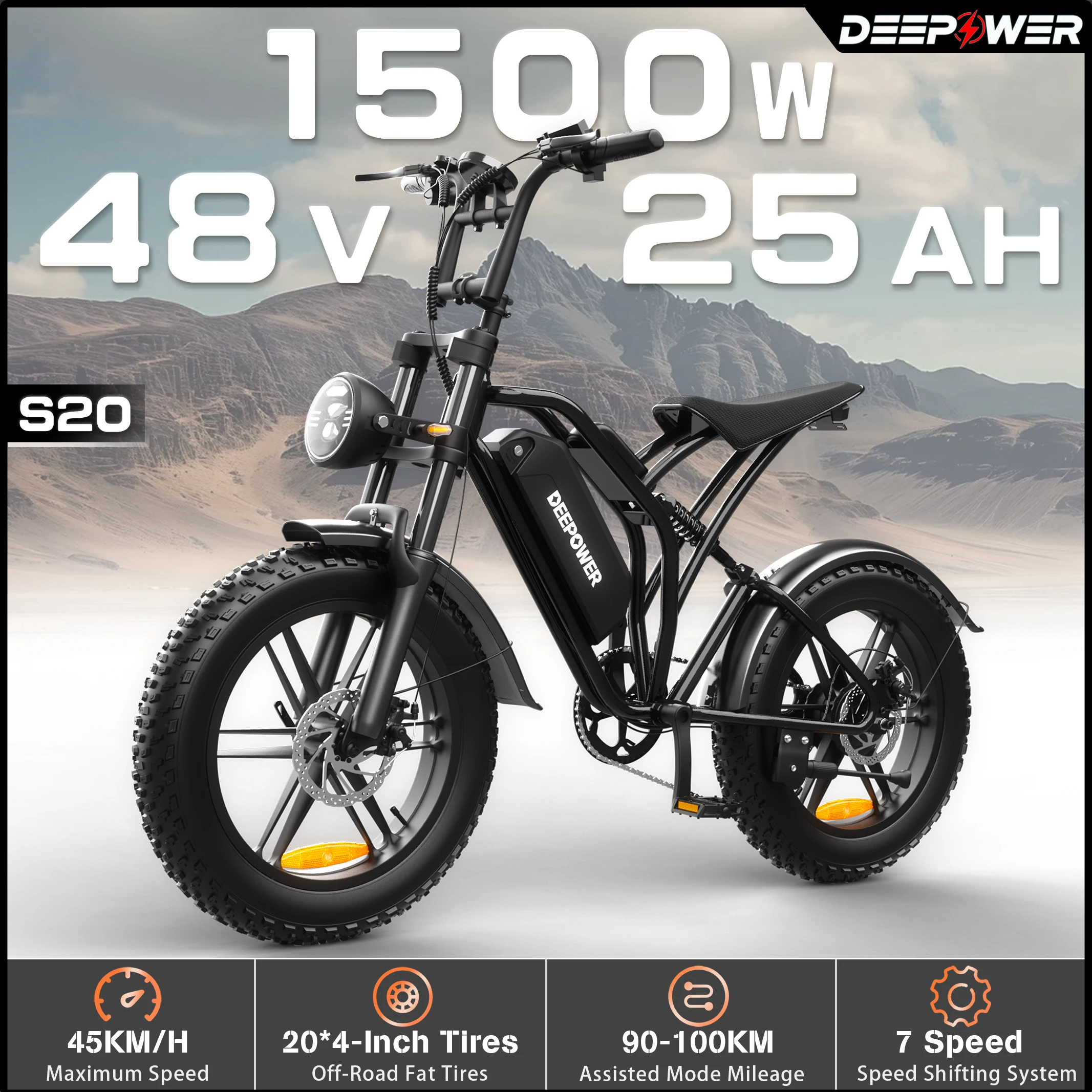 DEEPOWER S20 Off-Road Electric Bike 1500W Motor 48V 25AH LG Battery Adults Mountain LED Display Ebike All-Terrain Motorcycle
DEEPOWER S20 Off-Road Electric Bike 1500W Motor 48V 25AH LG Battery Adults Mountain LED Display Ebike All-Terrain Motorcycle