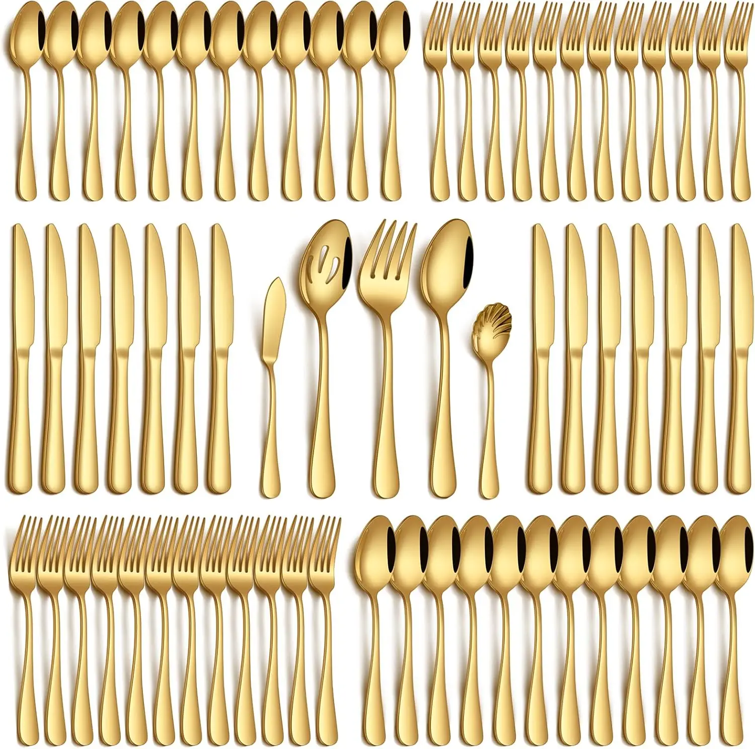 65-Piece Gold Silverware Set for 12, Stainless Steel Flatware with Serving Utensils, Mirror Polished Dishwasher Safe
65-Piece Gold Silverware Set for 12, Stainless Steel Flatware with Serving Utensils, Mirror Polished Dishwasher Safe