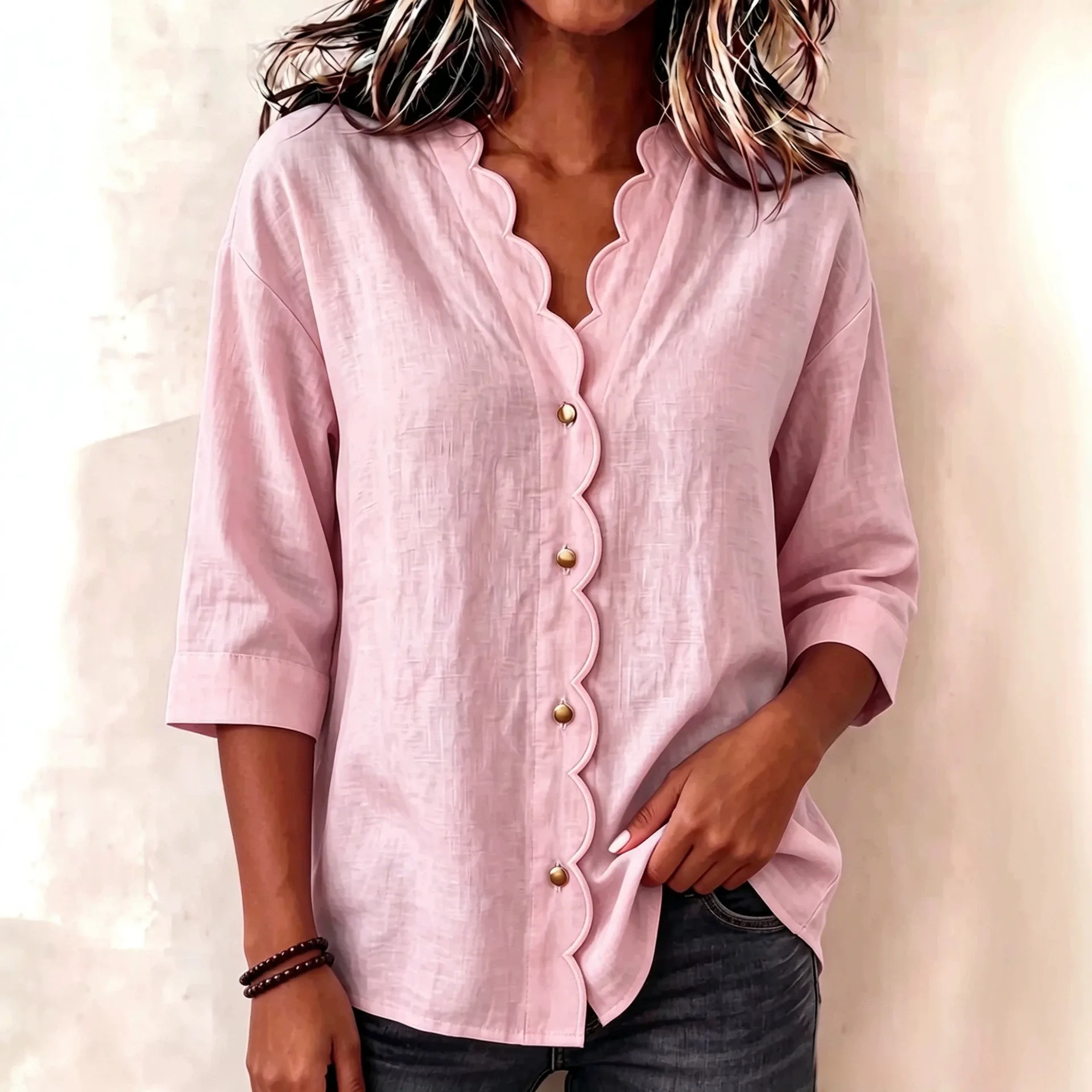 Women's Blouse Solid Color 3/4 Sleeve Ruffle Collar Blouses Pink Black Beige Top Button Front Loose Fit V Neck Casual Shirt
Women's Blouse Solid Color 3/4 Sleeve Ruffle Collar Blouses Pink Black Beige Top Button Front Loose Fit V Neck Casual Shirt