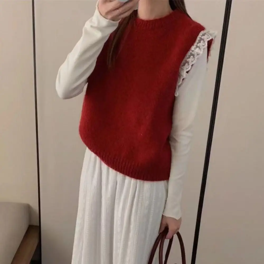 Casual Round Neck Lace Sleeveless Sweater Solid Color Pullover Knitted Waistcoat Top Sweet Korean Style Vest Crop Top Girls
Casual Round Neck Lace Sleeveless Sweater Solid Color Pullover Knitted Waistcoat Top Sweet Korean Style Vest Crop Top Girls
