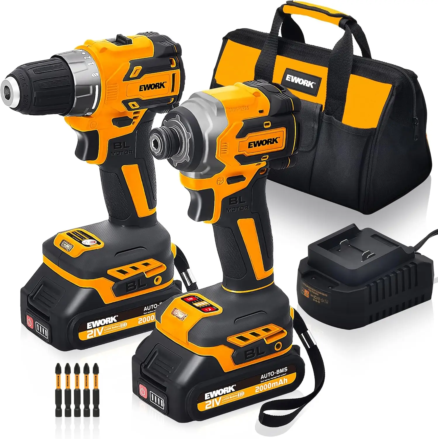Cordless Drill and Impact Driver Combo 21V Compact Brushless Impact Driver 1/4 & Cordless Drill 3/8 with 2 x 2.0Ah Batteries and
Cordless Drill and Impact Driver Combo 21V Compact Brushless Impact Driver 1/4 & Cordless Drill 3/8 with 2 x 2.0Ah Batteries and