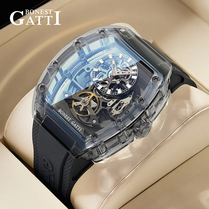 BONEST GATTI Transparent Tonneau Skeleton Men's Automatic Watch Sapphire Crystal Waterproof Fluororubber Strap Mechanical Watch
BONEST GATTI Transparent Tonneau Skeleton Men's Automatic Watch Sapphire Crystal Waterproof Fluororubber Strap Mechanical Watch