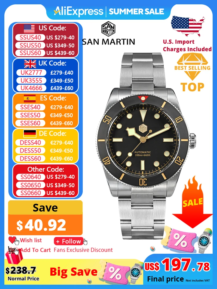 San Martin New 37mm BB54 Vintage Diver Watch NH35 Automatic Mechanical Men Wristwatches Sapphire Luminous Waterproof 200m SN0138
San Martin New 37mm BB54 Vintage Diver Watch NH35 Automatic Mechanical Men Wristwatches Sapphire Luminous Waterproof 200m SN0138