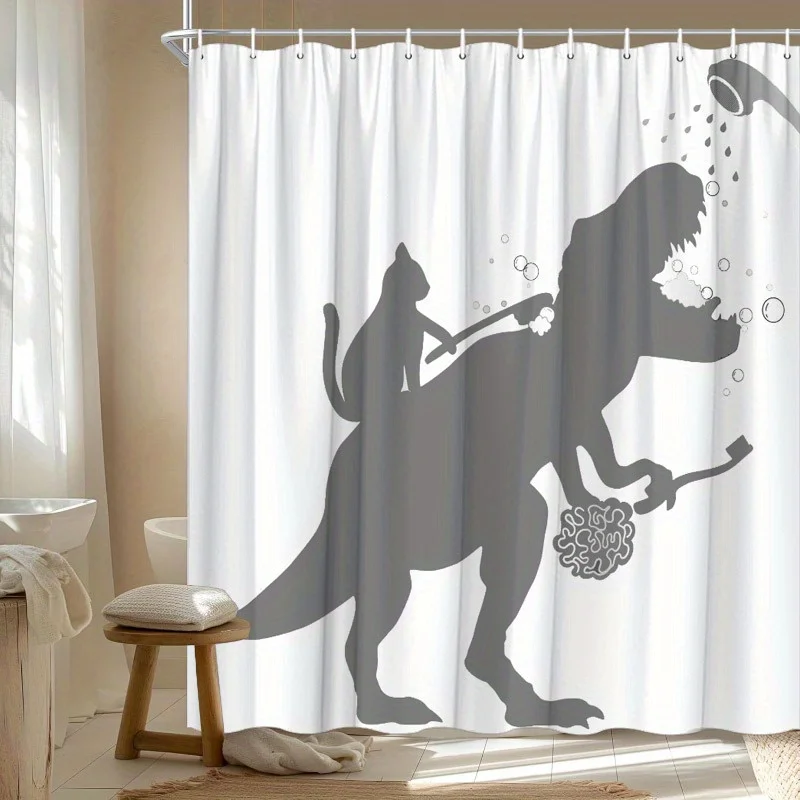 Cat Riding Back T Rex Shower Curtain – Dinosaur Roaring Spraying Water – Monochrome Bathroom Decor with 12 Hooks
Cat Riding Back T Rex Shower Curtain – Dinosaur Roaring Spraying Water – Monochrome Bathroom Decor with 12 Hooks