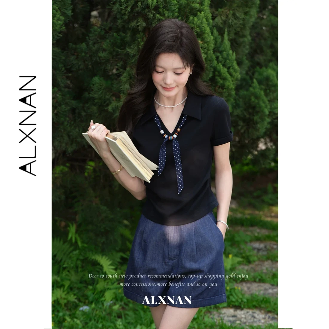 ALXNAN Women's T-shirt Black V-neck Short Sleeve T-shirts Summer Elegant Casual Fashion Ladies Tees Free Polka Dot Scarf L63775
ALXNAN Women's T-shirt Black V-neck Short Sleeve T-shirts Summer Elegant Casual Fashion Ladies Tees Free Polka Dot Scarf L63775