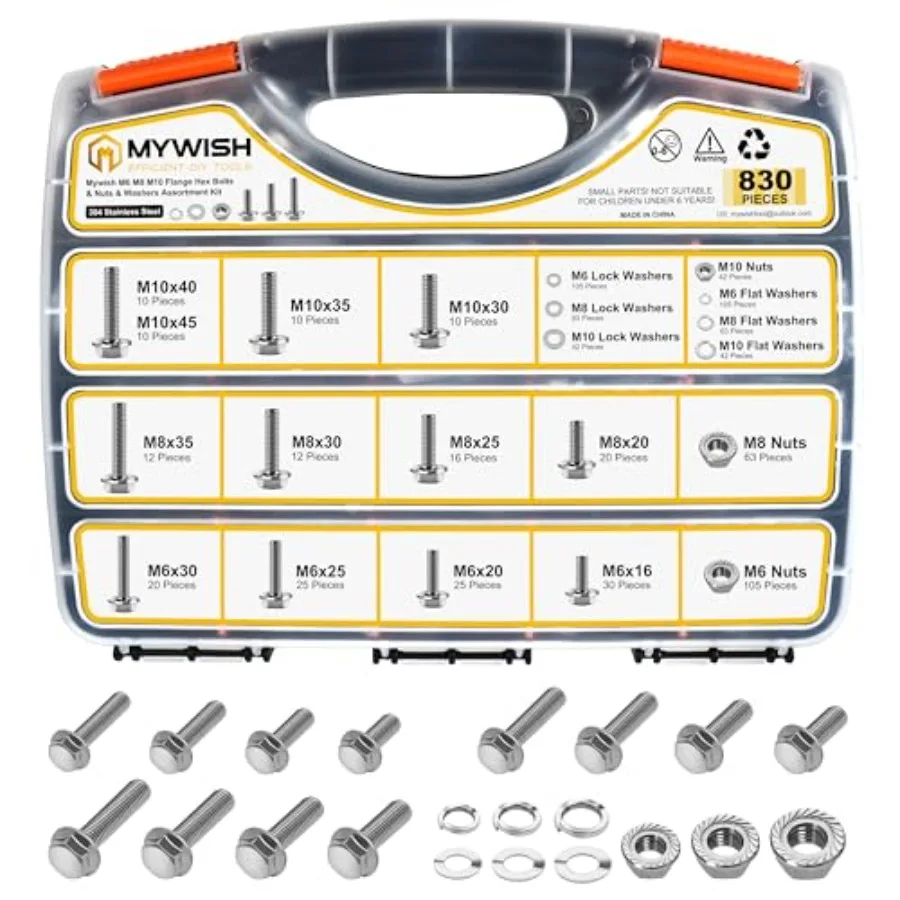 Flange Metric Bolt Assortment, Flanged Hex Head M6x1.0 Bolt M8x1.25 Bolt M10x1.5 Bolt Kit, 304 Stainless Steel Serrated Nuts an
Flange Metric Bolt Assortment, Flanged Hex Head M6x1.0 Bolt M8x1.25 Bolt M10x1.5 Bolt Kit, 304 Stainless Steel Serrated Nuts an