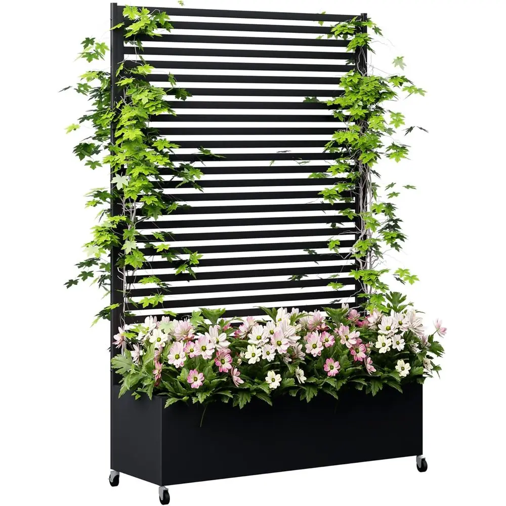 73x 47x 16 Black Metal Planter Box with Trellis, Privacy Screen, and Wheels
73x 47x 16 Black Metal Planter Box with Trellis, Privacy Screen, and Wheels