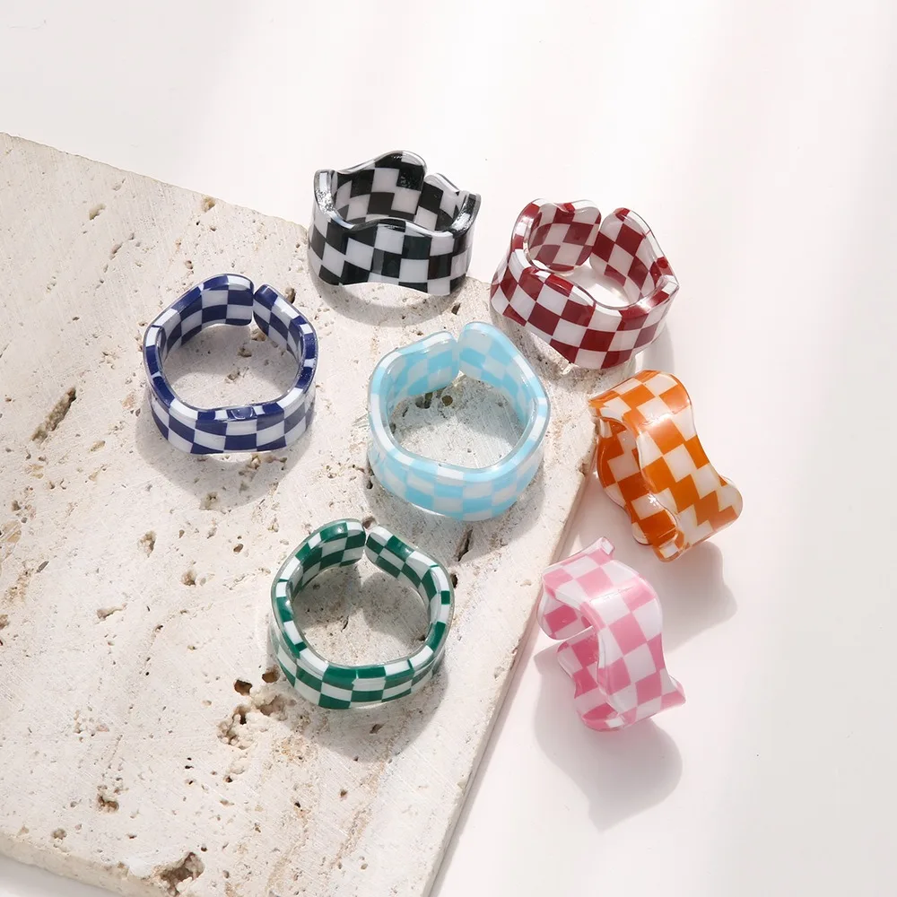 Korean Colorful Square Lattice Resin Irregular Wave Opening Finger Ring Acrylic Charm Fashion Jewelry Gifts For Women Couple
Korean Colorful Square Lattice Resin Irregular Wave Opening Finger Ring Acrylic Charm Fashion Jewelry Gifts For Women Couple
