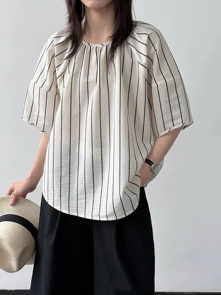 Women Striped Thin Big Size Elegant Blouse New Round Neck Short Puff Sleeve Shirt Fashion Tide Spring Summer
Women Striped Thin Big Size Elegant Blouse New Round Neck Short Puff Sleeve Shirt Fashion Tide Spring Summer
