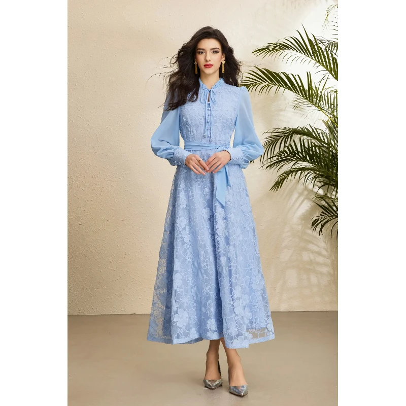 French Floral Embroidery Lace Prom Dress Women Ruffle Stand Collar Spliced Chiffon Lantern Sleeve Belt A Line Party Evening Robe
French Floral Embroidery Lace Prom Dress Women Ruffle Stand Collar Spliced Chiffon Lantern Sleeve Belt A Line Party Evening Robe