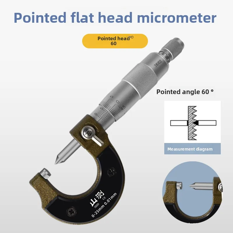 Point micrometers outside Sharp tips angle 60 degrees 30° Flat measre head groove thin sheed Blade narrow valley floor Bottom
Point micrometers outside Sharp tips angle 60 degrees 30° Flat measre head groove thin sheed Blade narrow valley floor Bottom