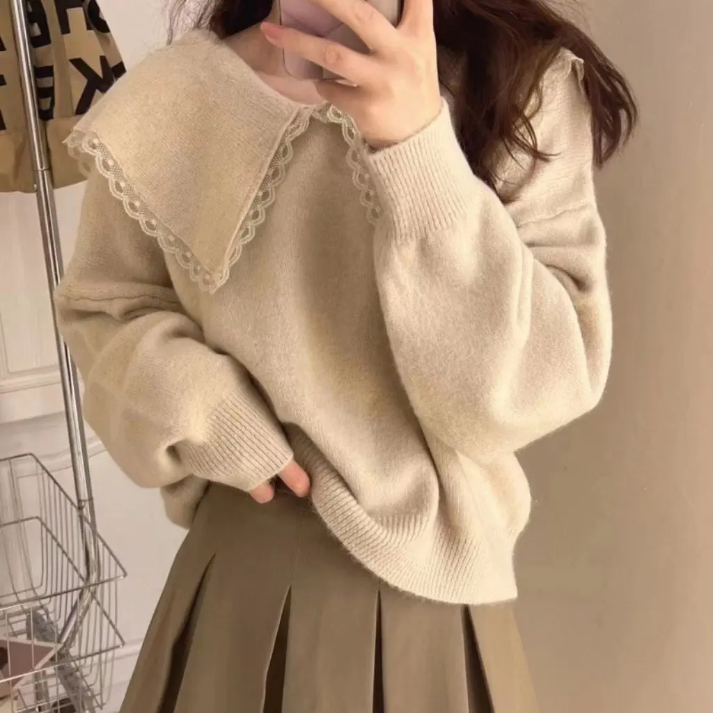 Women's Lace Edge Doll Collar Soft Waxy Knitwear Pure Color Pullover Top Autumn Winter Lazy Style New Arrival
Women's Lace Edge Doll Collar Soft Waxy Knitwear Pure Color Pullover Top Autumn Winter Lazy Style New Arrival