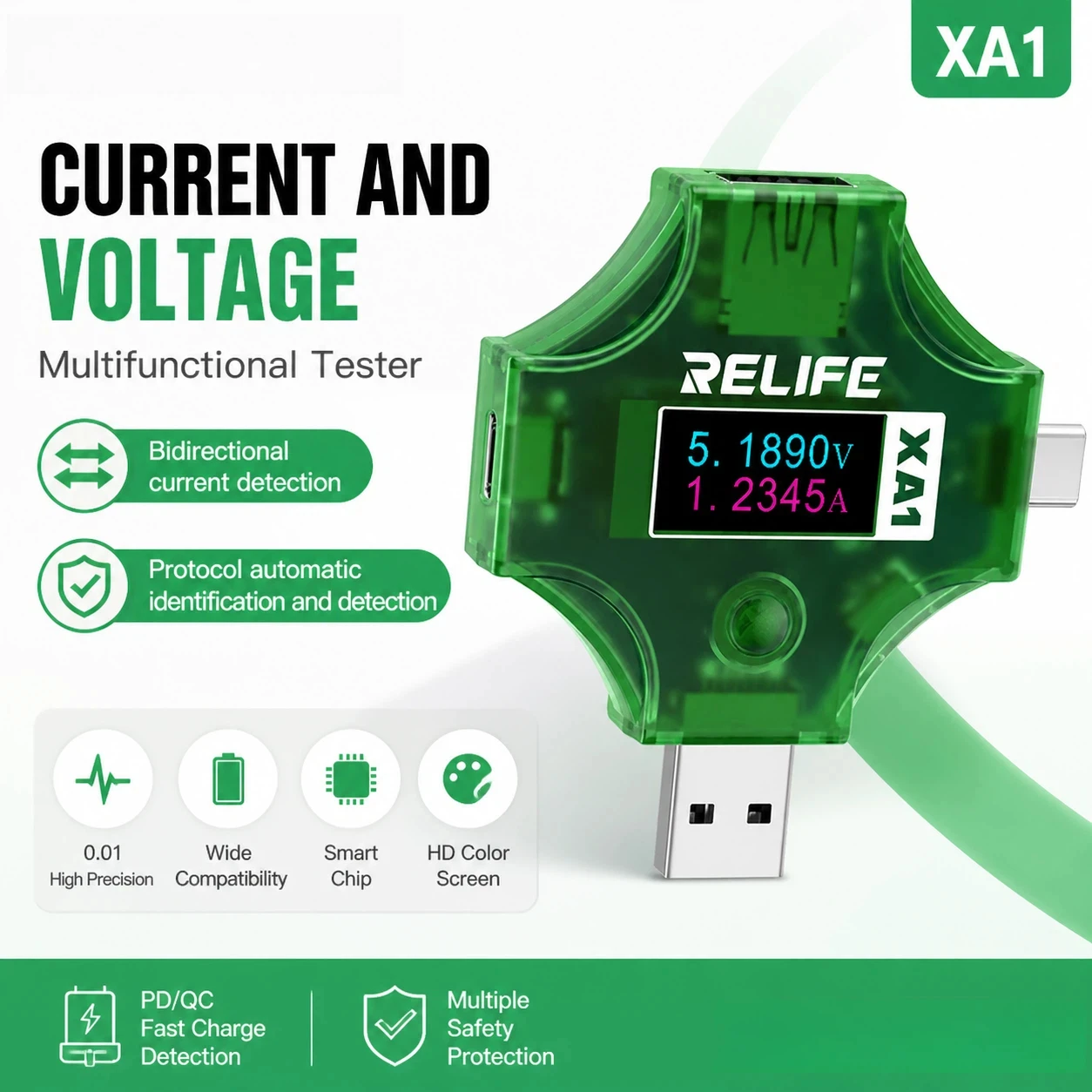 XA1 USB Power Tester 0.01 Resolution Bidirectional Current Meter with PD QC Fast Charging Protocol Detection
XA1 USB Power Tester 0.01 Resolution Bidirectional Current Meter with PD QC Fast Charging Protocol Detection