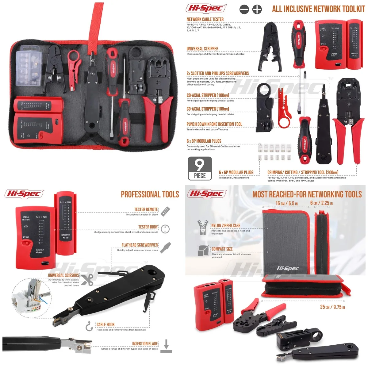 9pc Network Cable Tester Kit for CAT5/CAT6, RJ11/RJ45, Crimper, Punchdown, Coax Stripper
9pc Network Cable Tester Kit for CAT5/CAT6, RJ11/RJ45, Crimper, Punchdown, Coax Stripper