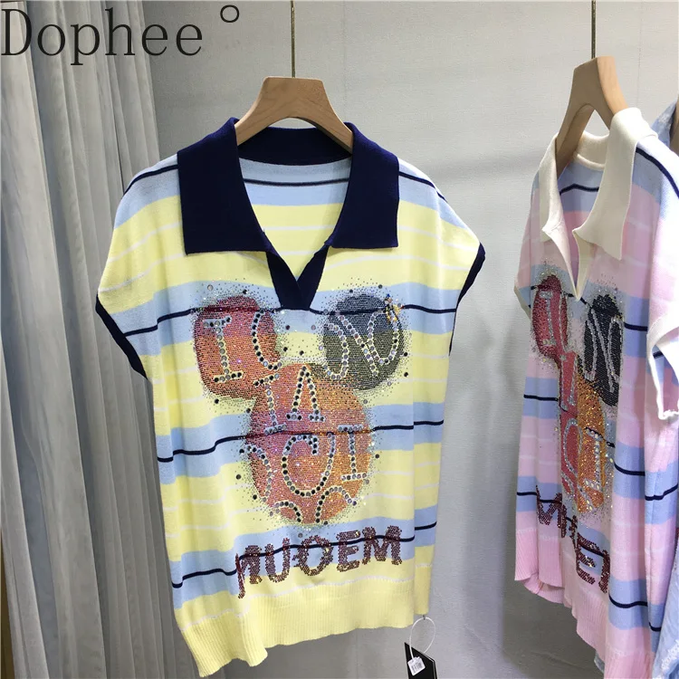 New Spring Summer Loose Short Sleeve T-shirt Colorblock Stripes Cartoon Hot Drilling Knitted Top Turn-down Collar Pullover Shirt
New Spring Summer Loose Short Sleeve T-shirt Colorblock Stripes Cartoon Hot Drilling Knitted Top Turn-down Collar Pullover Shirt
