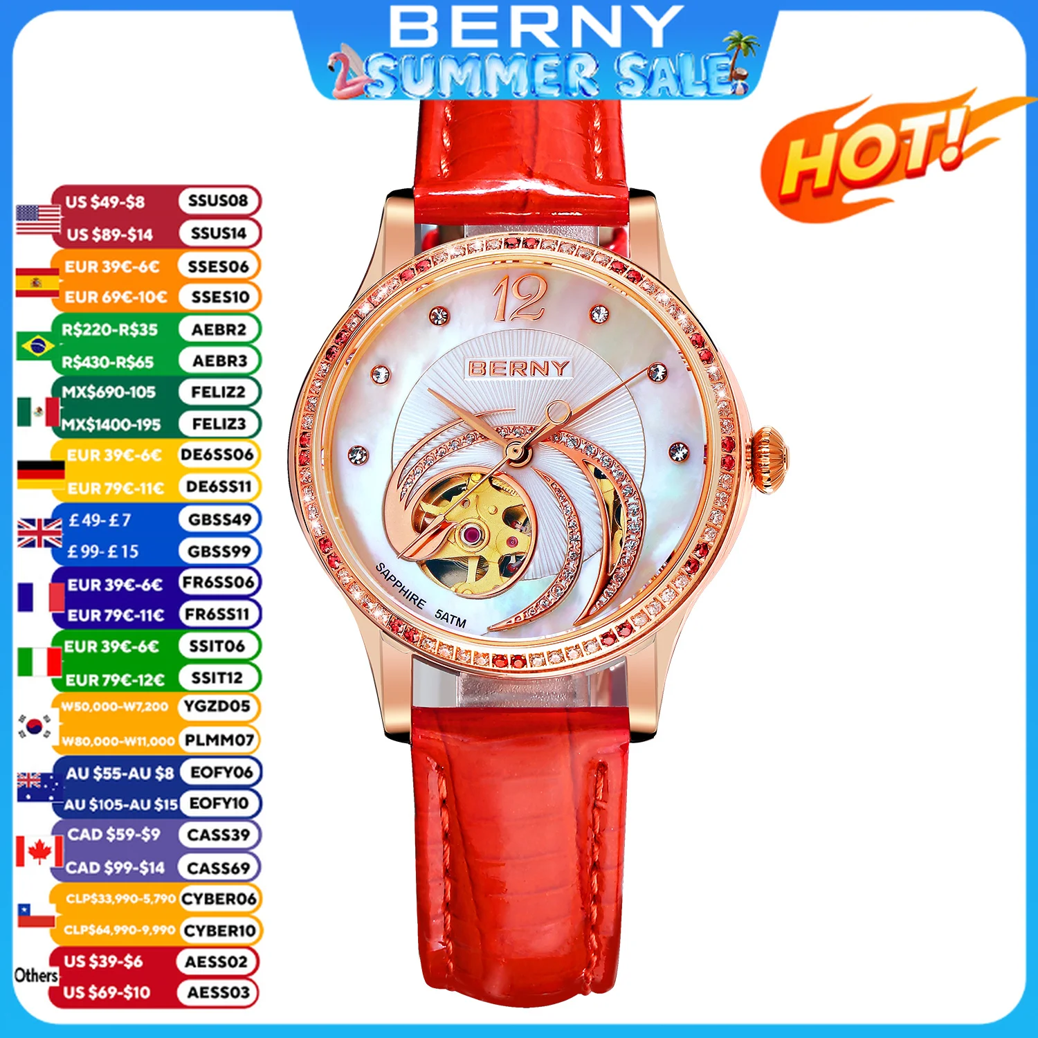 BERNY Automatic Watch Women Skeleton Miyota Luxury Gold Watch Sapphire Leather Strap Waterproof Self-winding Mechanical Watch
BERNY Automatic Watch Women Skeleton Miyota Luxury Gold Watch Sapphire Leather Strap Waterproof Self-winding Mechanical Watch