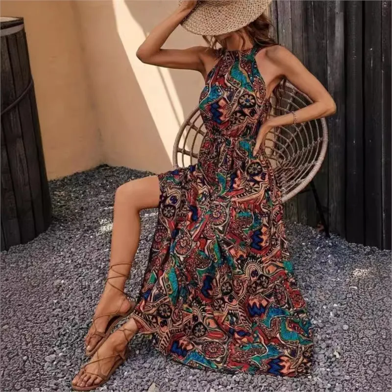 Boho Sexy Halter Dress Fashion Print Sleeveless Lace-up Big Swing Robe O-neck Off Shoulder Vintage Long Dresses Women Vestidos
Boho Sexy Halter Dress Fashion Print Sleeveless Lace-up Big Swing Robe O-neck Off Shoulder Vintage Long Dresses Women Vestidos