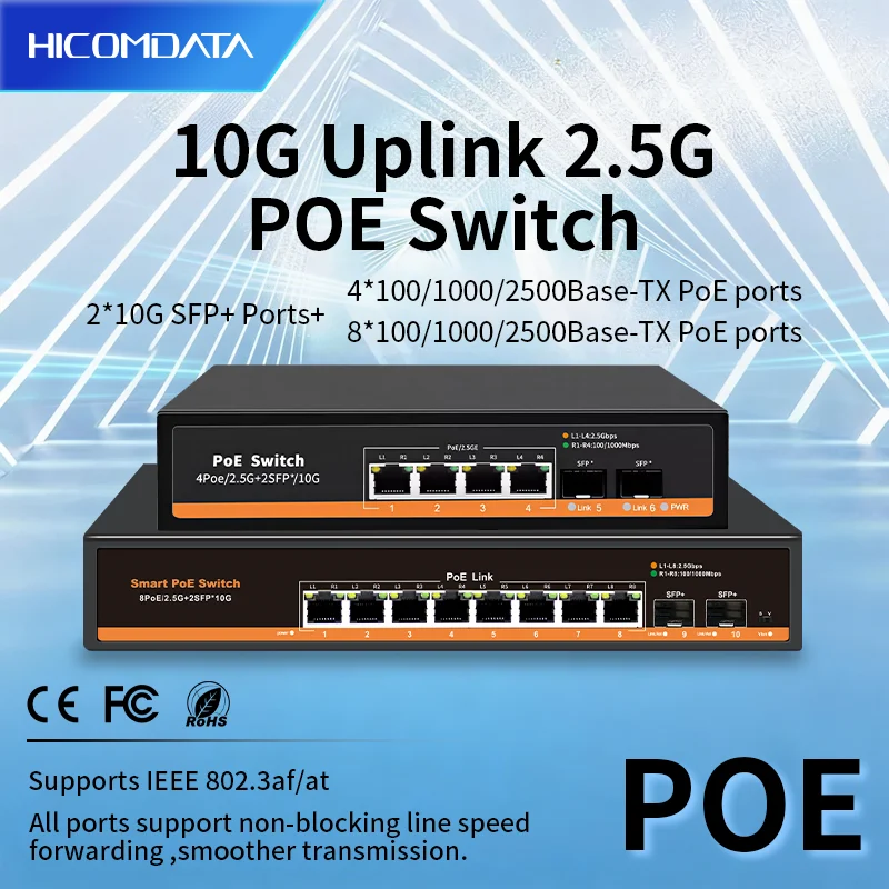 10G Uplink 2.5G PoE Switch 4/8 Port 2.5GBASE-T 10G SFP+ Slot 75W IEEE802.3af/at for WiFi 6e AP,VoIP Phone,SurveillancePOE Camera
10G Uplink 2.5G PoE Switch 4/8 Port 2.5GBASE-T 10G SFP+ Slot 75W IEEE802.3af/at for WiFi 6e AP,VoIP Phone,SurveillancePOE Camera