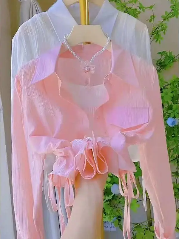 White Short Ultra-Fairy Summer Shirt Women's Outerwear Drawstring Pure Color Top Trendy Sun Protection Clothing Korean Style
White Short Ultra-Fairy Summer Shirt Women's Outerwear Drawstring Pure Color Top Trendy Sun Protection Clothing Korean Style