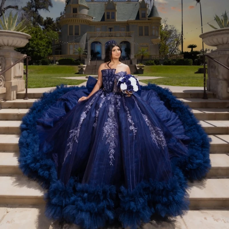 Navy Blue Shiny Ball Gown Quinceanera Dresses Applique Lace Beading Crystal Bow Tiered Tull Corset Off The Shoulder Sweet 16
Navy Blue Shiny Ball Gown Quinceanera Dresses Applique Lace Beading Crystal Bow Tiered Tull Corset Off The Shoulder Sweet 16