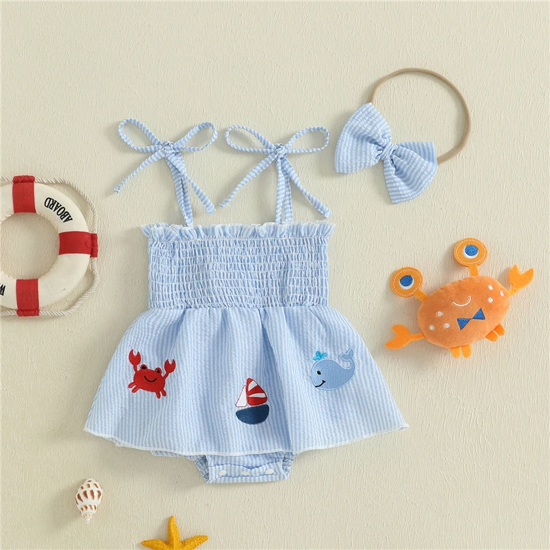 0-18M Newborn Baby Girls Romper Dress Casual Summer Crab Embroidery Striped Sleeveless Strap Jumpsuit and Headband Set
0-18M Newborn Baby Girls Romper Dress Casual Summer Crab Embroidery Striped Sleeveless Strap Jumpsuit and Headband Set