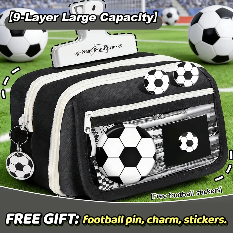 Black Football Pen Bag with 9-Layer Large Capacity, Clear Pocket & Free Accessories for School & Office
Black Football Pen Bag with 9-Layer Large Capacity, Clear Pocket & Free Accessories for School & Office