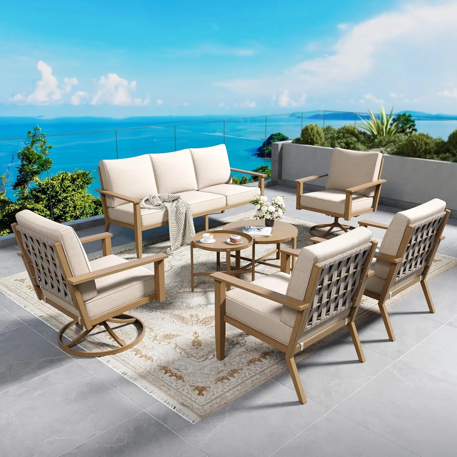 7 Pcs Metal Patio Set 3 Seat Sofa 2 Swivel 2 Single Chairs Nested Table 5in Cushion Garden Backyard, Customized
7 Pcs Metal Patio Set 3 Seat Sofa 2 Swivel 2 Single Chairs Nested Table 5in Cushion Garden Backyard, Customized