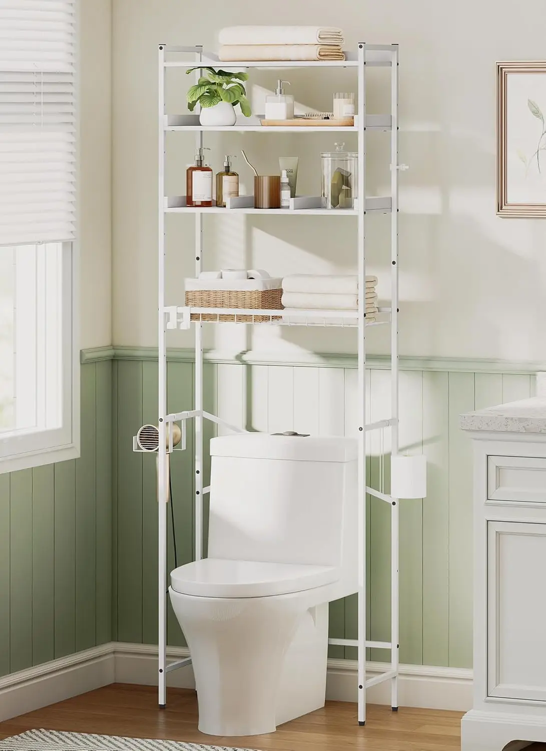 4 Tier Over The Toilet Storage Shelf with 3 Adjustable Shelves, Space Saver Bathroom Organizer with 4 Hooks, Freestanding Abo
4 Tier Over The Toilet Storage Shelf with 3 Adjustable Shelves, Space Saver Bathroom Organizer with 4 Hooks, Freestanding Abo