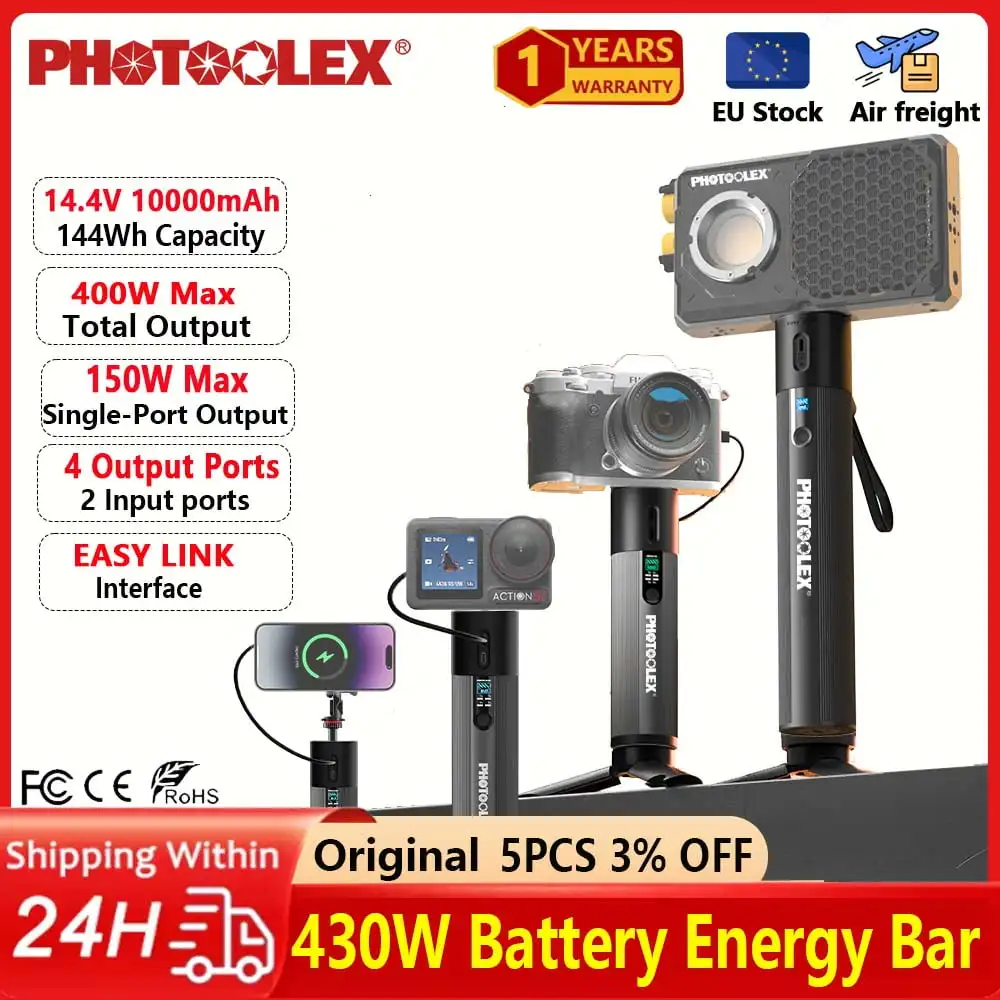 PHOTOOLEX 430W Camera Battery Energy Bar Accessories Single Port 150W High Power Portable TYPE-C D-TAP 1/4 Port
PHOTOOLEX 430W Camera Battery Energy Bar Accessories Single Port 150W High Power Portable TYPE-C D-TAP 1/4 Port