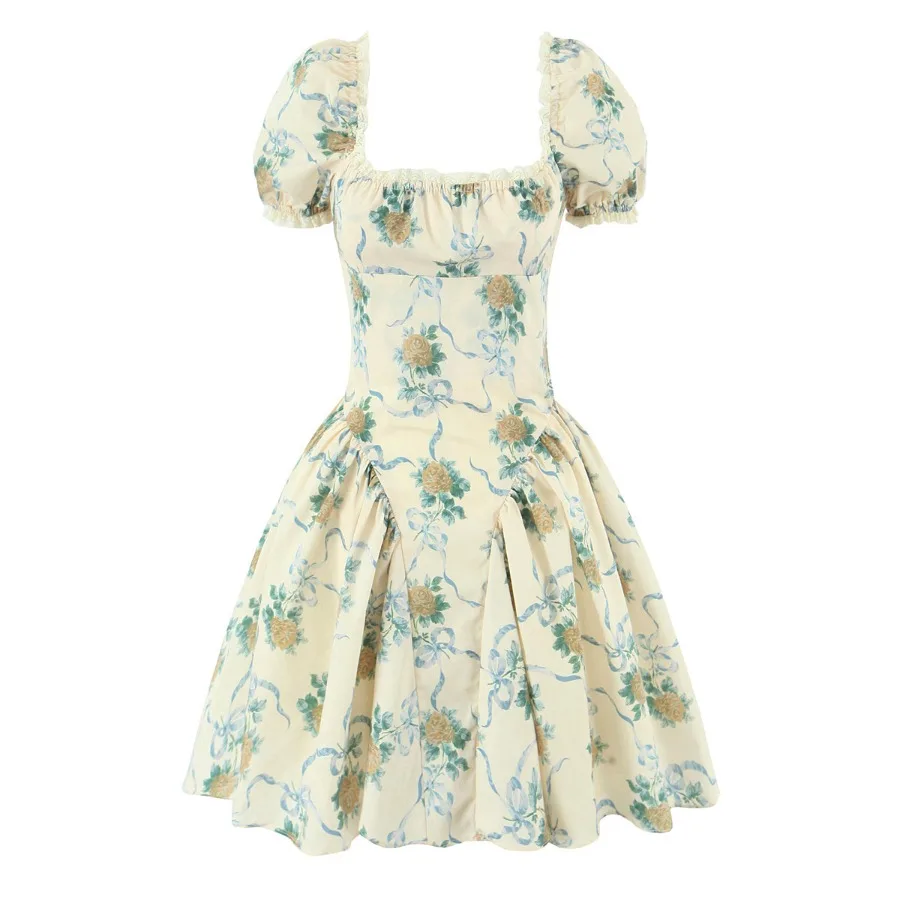 【New style】Summer new style court style square collar bubble sleeves lace splicing print dress
【New style】Summer new style court style square collar bubble sleeves lace splicing print dress