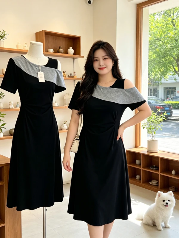 Summer 2026 plus Size Women's Design Sense Hollow out Short Sleeve Dress Black Grey Splicing Slimming Little Black Dress
Summer 2026 plus Size Women's Design Sense Hollow out Short Sleeve Dress Black Grey Splicing Slimming Little Black Dress