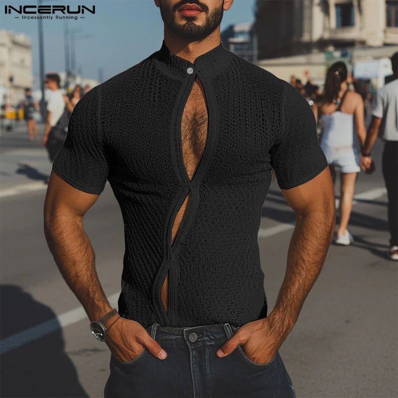 Men Shirt Solid Color See Through Knitted Stand Collar Short Sleeve Hollow Out Men Clothing Summer Tee Tops Streetwear INCERUN
Men Shirt Solid Color See Through Knitted Stand Collar Short Sleeve Hollow Out Men Clothing Summer Tee Tops Streetwear INCERUN