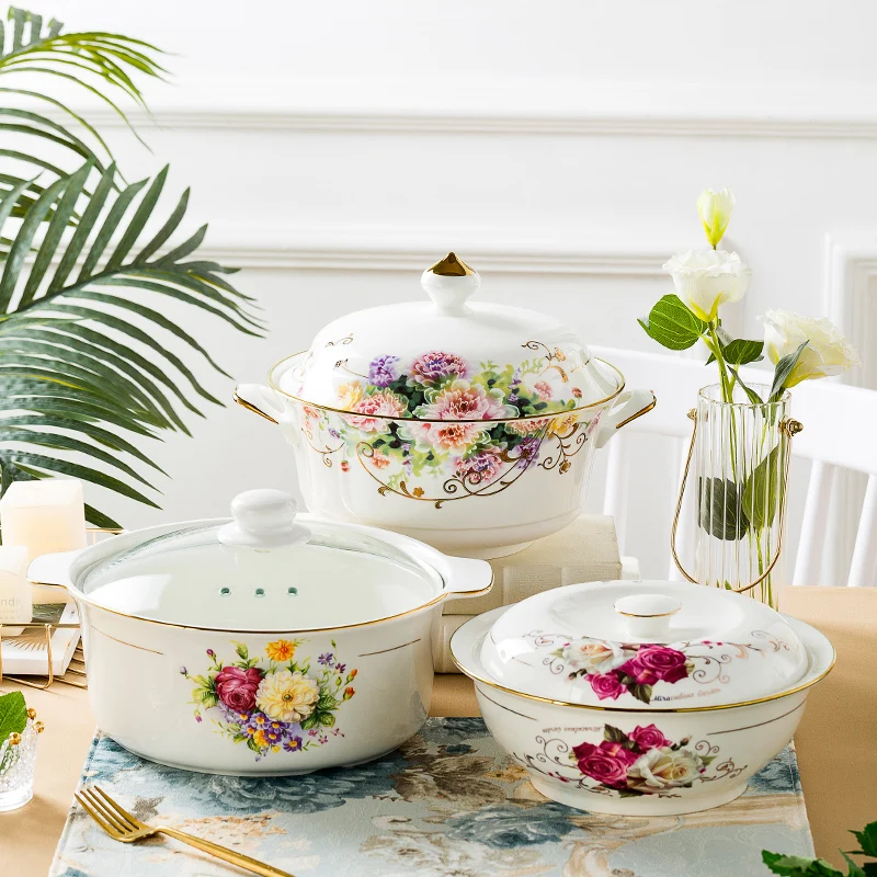 Большая миска для супа из костяного фарфора Cerc с крышкой, цельный супер большой горшок для супа Di для домашнего использования, Цзиндэчжэнь с золотой оправой
Большая миска для супа из костяного фарфора Cerc с крышкой, цельный супер большой горшок для супа Di для домашнего использования, Цзиндэчжэнь с золотой оправой