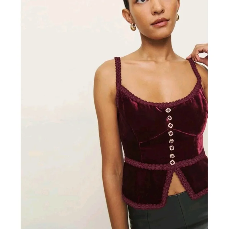 Spring New Arrival Women's Sexy Lace Trim Slim Fit Velvet Strap Vest Four Le Clover Decorated Button ort Length Zipper Sle
Spring New Arrival Women's Sexy Lace Trim Slim Fit Velvet Strap Vest Four Le Clover Decorated Button ort Length Zipper Sle