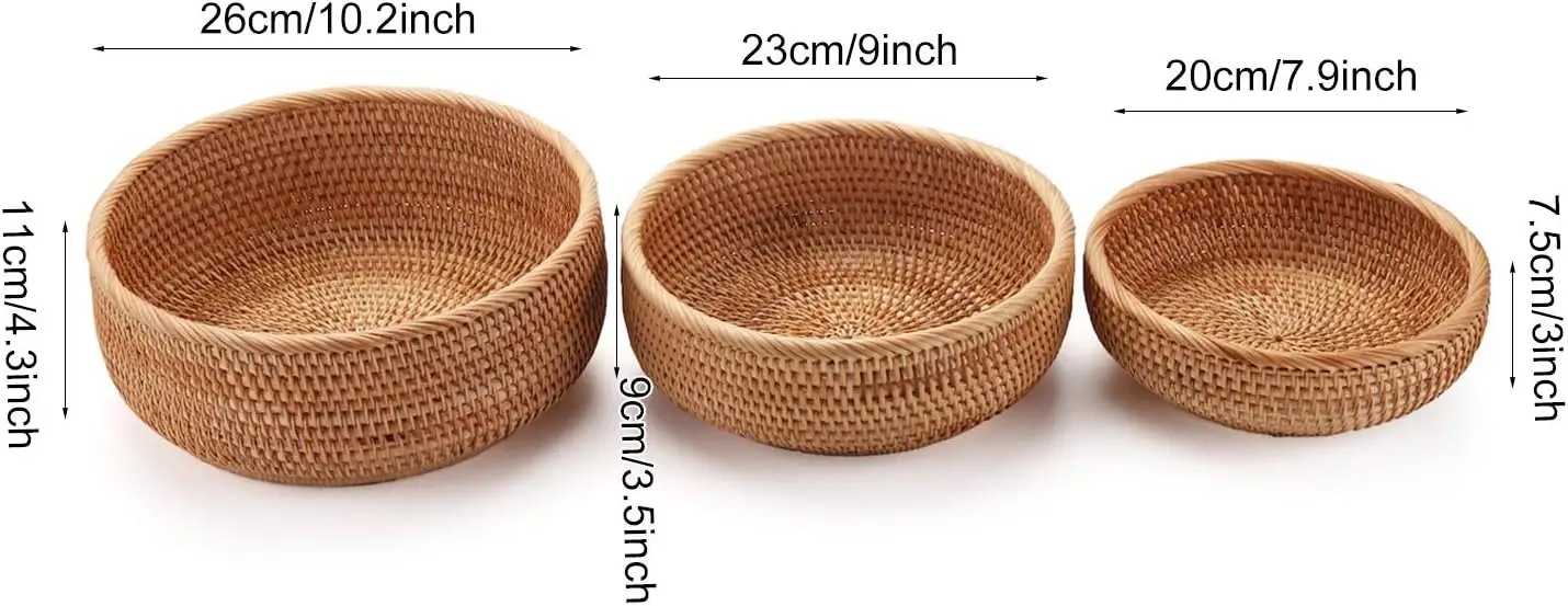 Round Rattan Fruit Baskets Woven Storage Bowls Key Holder Stackable for Shelf Kitchen Tabletop Natural Set of 3
Round Rattan Fruit Baskets Woven Storage Bowls Key Holder Stackable for Shelf Kitchen Tabletop Natural Set of 3