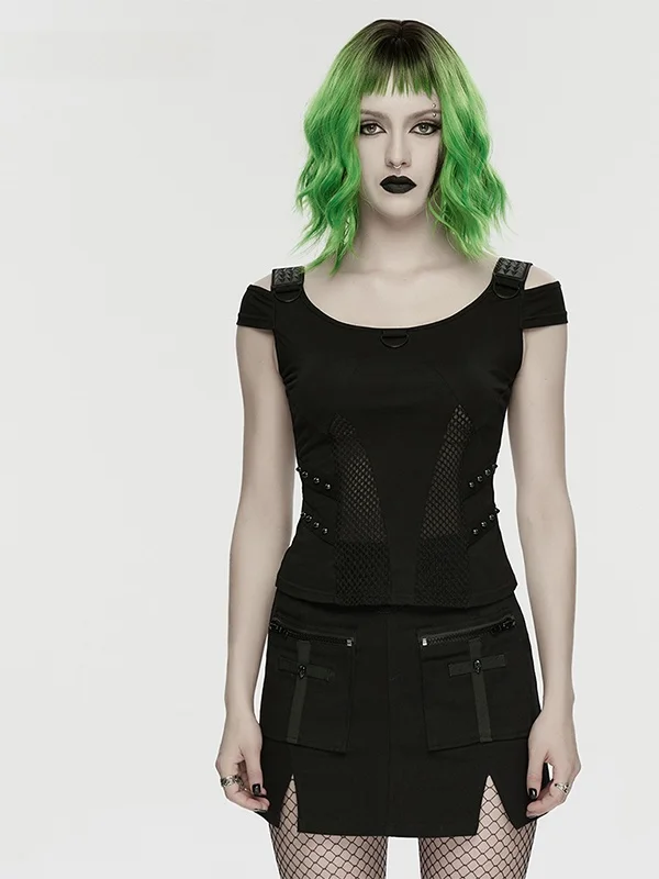 Punk Style Shoulder Bared Short Sleeve T Shirt Women Sexy Mesh Hollow out Splicing Design Slimming Trendy Top Cotton Fabric
Punk Style Shoulder Bared Short Sleeve T Shirt Women Sexy Mesh Hollow out Splicing Design Slimming Trendy Top Cotton Fabric