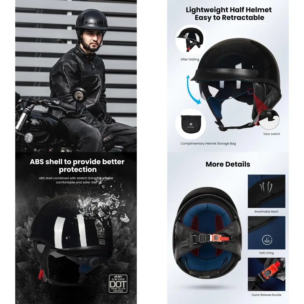 Мотоциклетный полушлем с быстросъемным солнцезащитным козырьком, сертифицированный DOT, открытый дизайн для мужчин и женщин глянцевого черного цвета (размер M)
Мотоциклетный полушлем с быстросъемным солнцезащитным козырьком, сертифицированный DOT, открытый дизайн для мужчин и женщин глянцевого черного цвета (размер M)