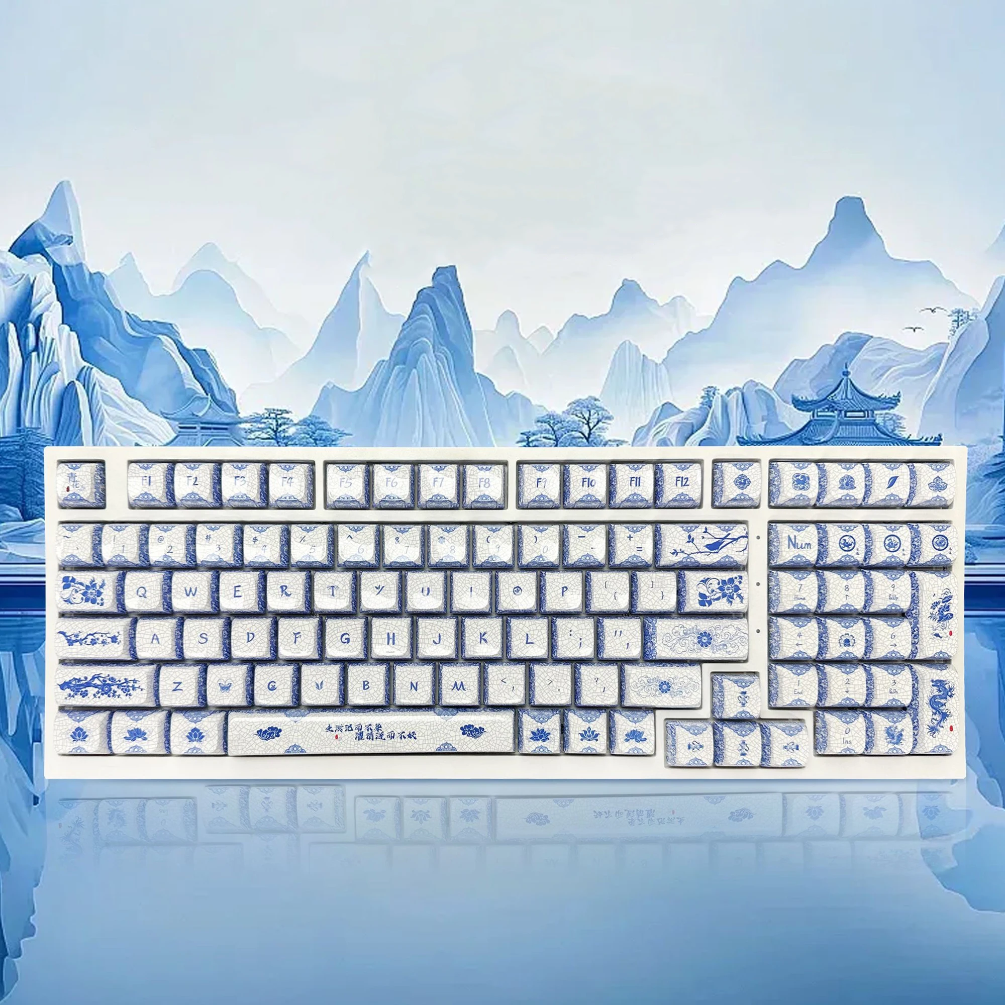 Колпачки для клавиш ZDA Profile 138 Keys Dye Sub с эффектом керамики и зеркальным отливом, сине-белая фарфоровая тематика, для механических клавиатур MX 61/68/87/104/108
Колпачки для клавиш ZDA Profile 138 Keys Dye Sub с эффектом керамики и зеркальным отливом, сине-белая фарфоровая тематика, для механических клавиатур MX 61/68/87/104/108