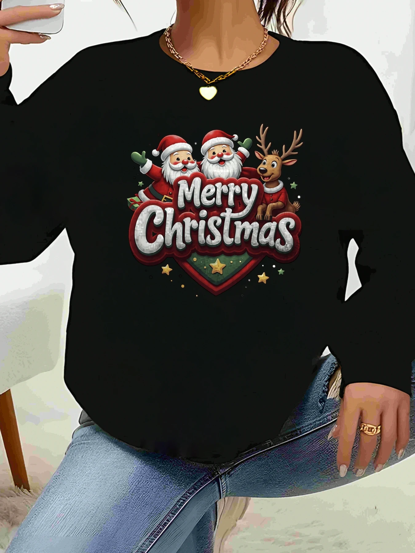 Santa and Reindeer Merry Christmas Print Long Sleeve Top Holiday Party Women's Casual Wear
Santa and Reindeer Merry Christmas Print Long Sleeve Top Holiday Party Women's Casual Wear