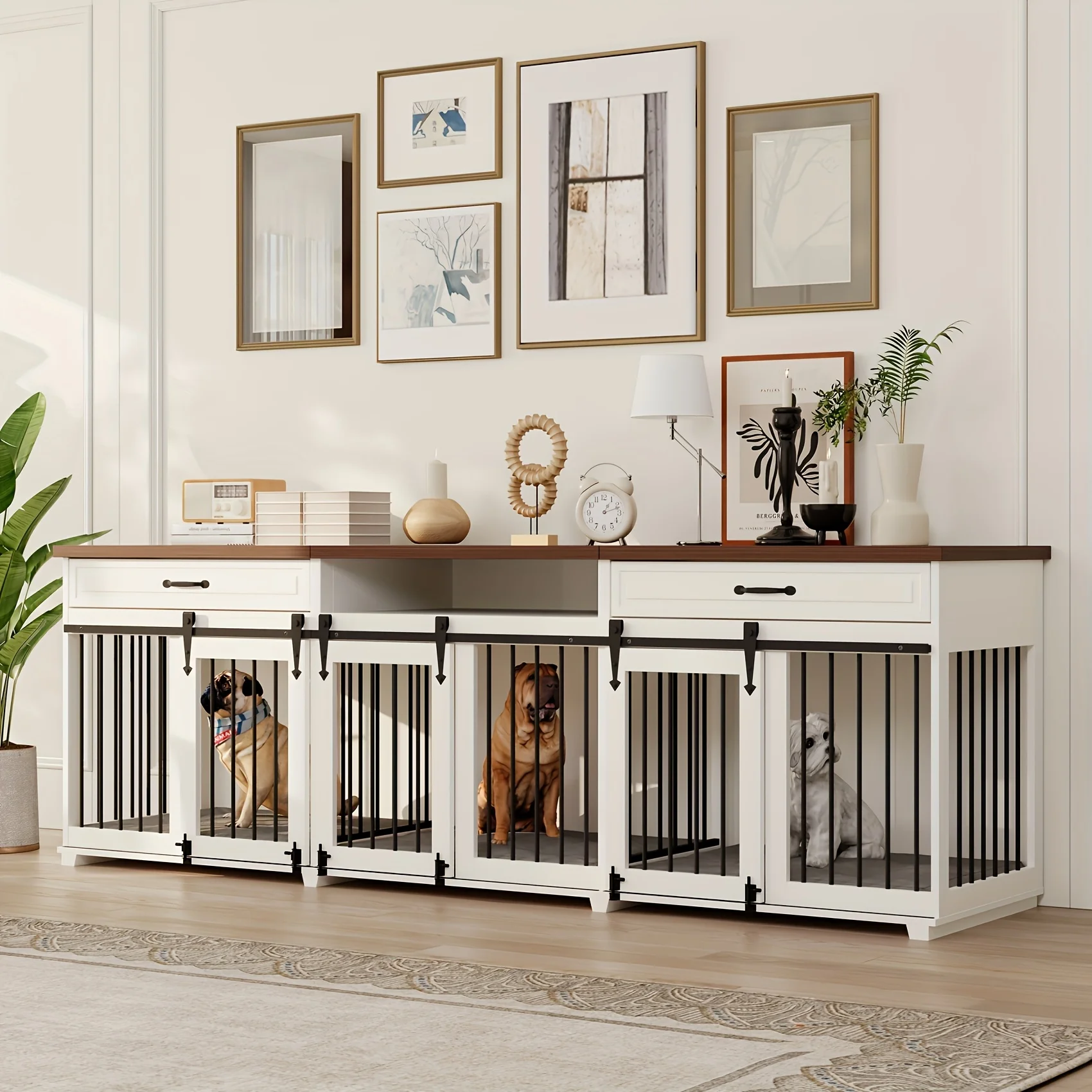 Indoor Wooden Dog Crate Furniture Featuring Three Sliding Barn Doors, Two Drawers, And One Shelf, Measuring 95 Inches Long, 23.6 Inches Wide, And 31.5 Inches High, in White
Indoor Wooden Dog Crate Furniture Featuring Three Sliding Barn Doors, Two Drawers, And One Shelf, Measuring 95 Inches Long, 23.6 Inches Wide, And 31.5 Inches High, in White