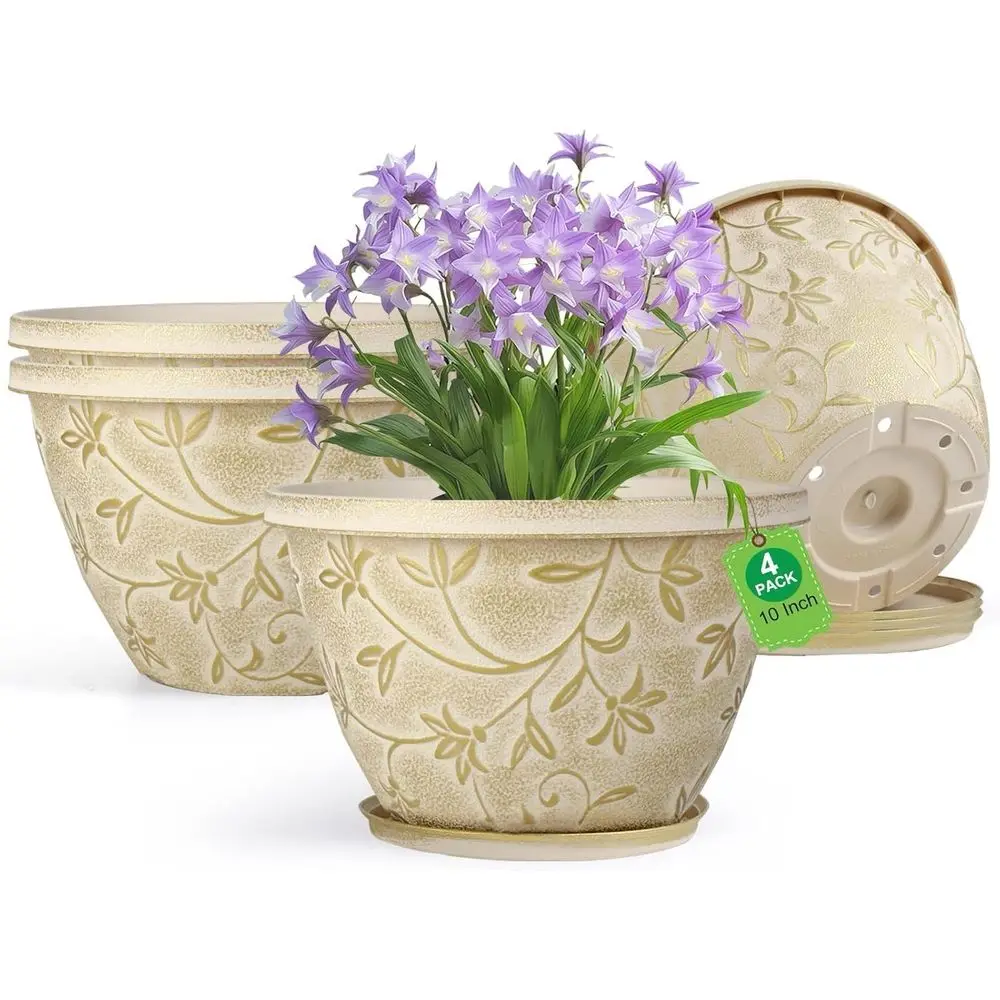 Nooulap 4 Pack 10 Inch Plant Pot with Drainage & Saucer, Plastic lower Pots Outdoor Indoor, Beige Planters with Gold lower Partt
Nooulap 4 Pack 10 Inch Plant Pot with Drainage & Saucer, Plastic lower Pots Outdoor Indoor, Beige Planters with Gold lower Partt