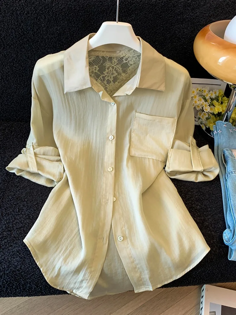 Khaki Back Hollow out Lace Splice Women's Summer New Single Button Backless Turn-down Collar Top Sun Protection Shirt
Khaki Back Hollow out Lace Splice Women's Summer New Single Button Backless Turn-down Collar Top Sun Protection Shirt